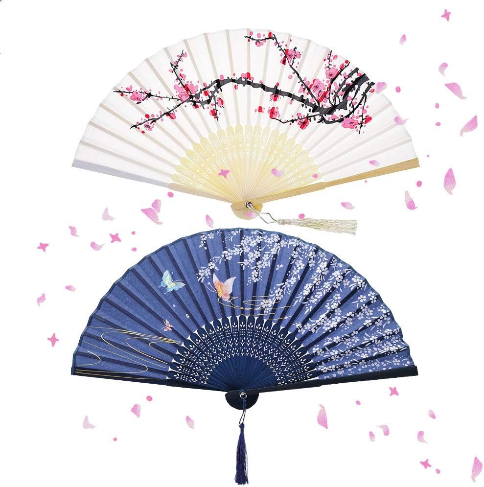 NETUME 2 Pieces Folding Hand Fans for Women Silk Fabric and Hollow Carved Bamboo Handheld Folding Fan
