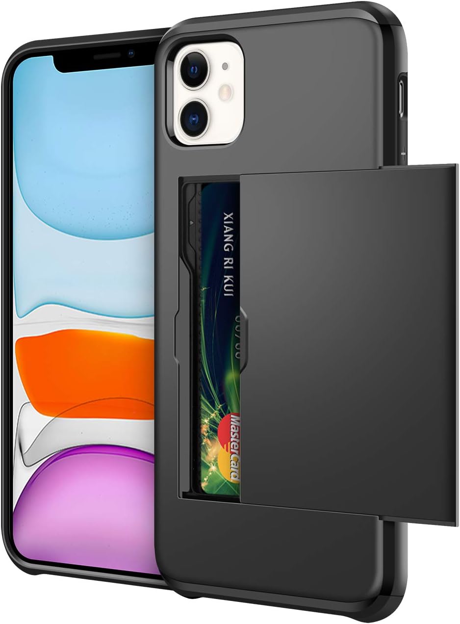 SAMONPOW Card Holder Case for iPhone 11 Dual Layer Protective Shell Wallet Case Hard PC Soft TPU Inner Rubber Bumper Credit Card Slot Back Shock Absorption Cover for iPhone 11,6.1 inch Black