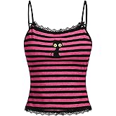Floerns Women's Sleeveless Cat Embroidery Striped Scoop Neck Contrast Lace Cami Tops