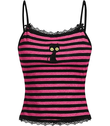 SOLY HUX Women's Striped Lace Trim Button Front Spaghetti Strap