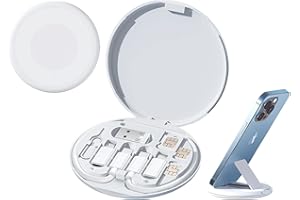 AMZPILOT Multifunctional Compact Cable Card, Portable Storage Box with USB A/Type C/Micro USB/Light USB Adapter Kit, PD 60W Charging and Data Transfer Cable Kit, Sim Card Tray Eject Tool and Slots - White