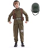 Funivals Army Soldier Costume Kids，Unisex WWII Soldier Dress Up with Helmet，Halloween Cosplay Outfit Boys，Khaki