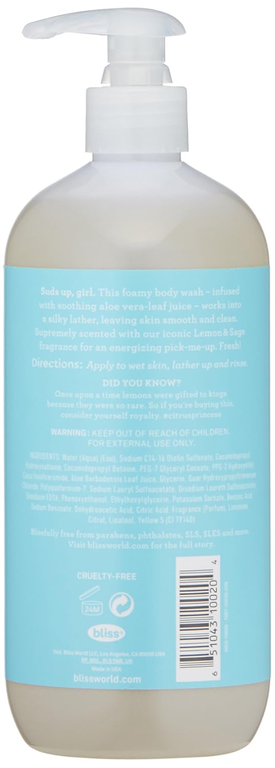 Bliss Lemon & Sage Soapy Suds Body Wash | Gentle & Hydrating for Supremely Soft Skin | Paraben Free, Cruelty Free | 17.0 fl oz : Body Scrubs : Premium Beauty