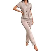 SHENHE Women's 2 Piece Button Down Pajama Set Short Sleeve Soft Long Pants Pjs Lounge Set