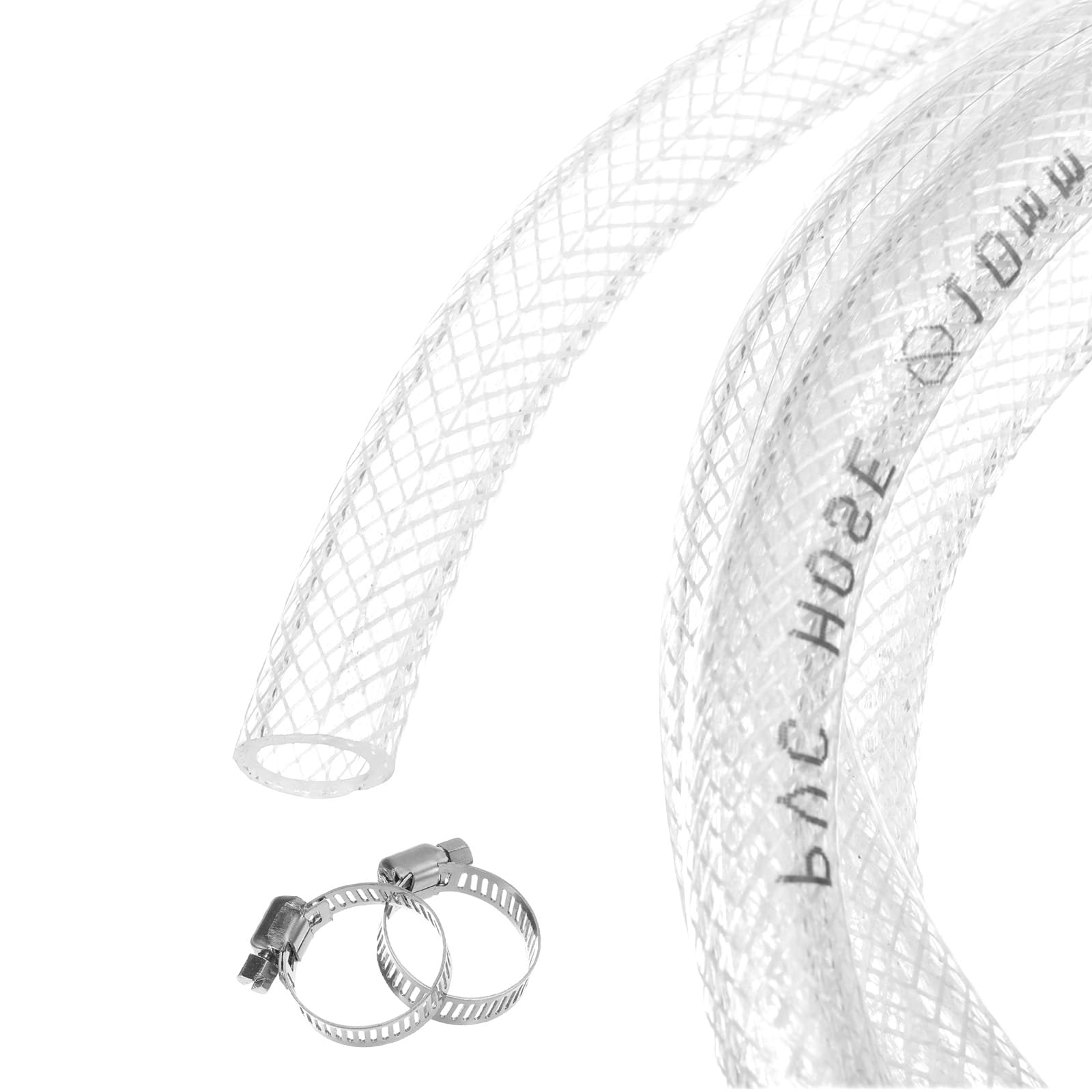 Rebower 3 meters/10ft 9.5x12.7mm Braided Clear Plastic PVC Tubing High Pressure Flexible Reinforced Vinyl Tube, [for Garden Irrigation, Water Hose, Tank] - 3/8" x 1/2"/with 2pcs Clamps