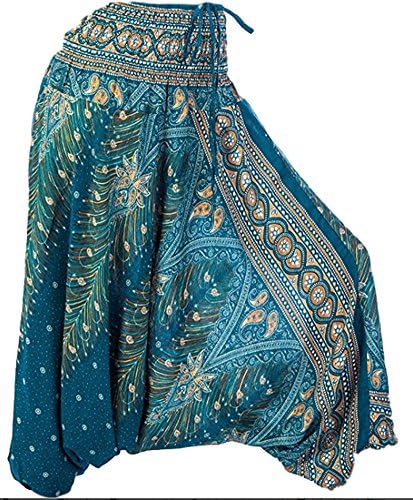 Uniquen Women Mens's Peacock Printed Smocked Waist Aladdin Boho Genie Hippie Harem Pants Jumpsuit Teal Green