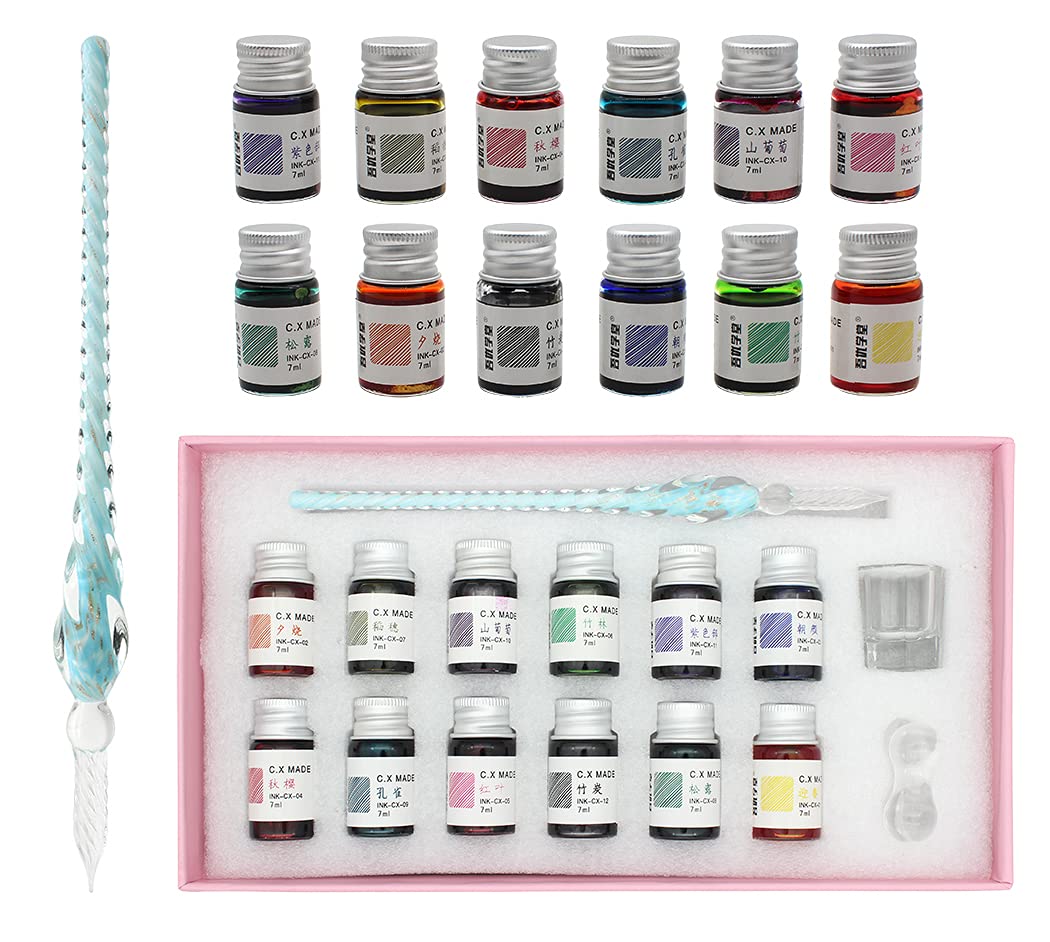 XIAOYU Glass Dip Pen Set with Ink, Crystal Writing Pen and 12 Bottles Colorful Inks for Art, Signatures, Calligraphy, Decoration Glass Dip Pen Set with Pen Holder and Cleaning Cup, Blue