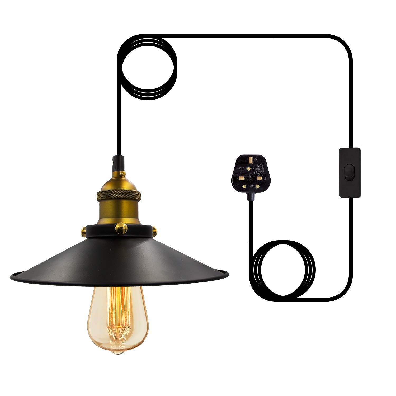 Bronze Industrial Plug in Pendant Lighting, 4.5M Adjustable Vintage Plug in Ceiling Light, Retro Brass Lampshade Hanging Lamp with Switch, E27 Black Pendant Light Fitting, E26 Bulb Holder for Home