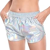 Fenyong Women's Metallic Shorts Shiny Pants with Elastic Waist Hot Rave Dance