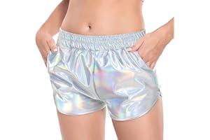Fenyong Women's Metallic Shorts Shiny Pants with Elastic Waist Hot Rave Dance