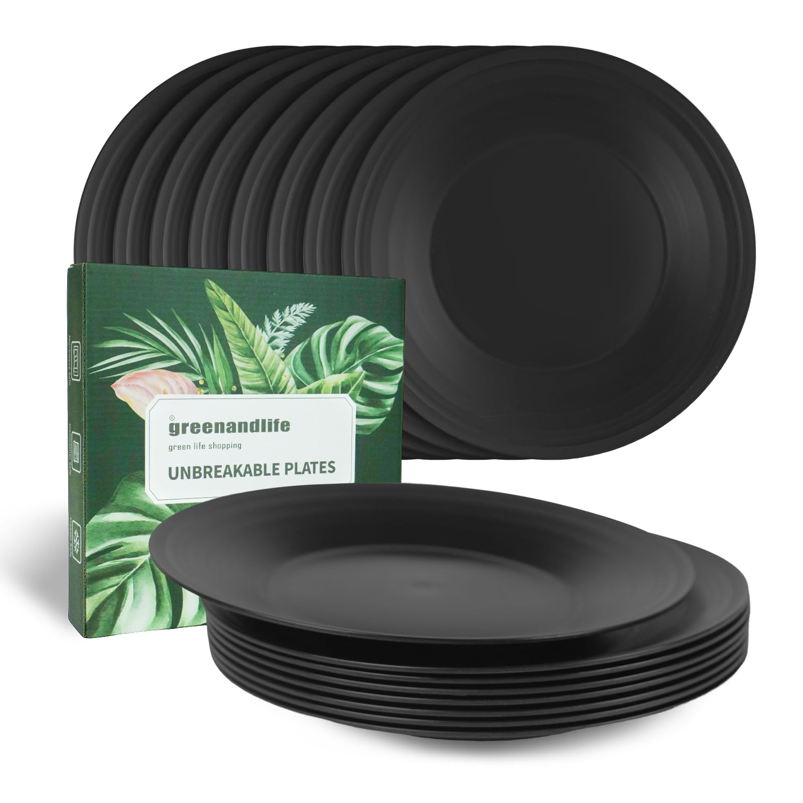 greenandlife 8 Pcs Dinner Plates, 10 inch Reusable Plastic Plates, Dishwasher & Microwave Safe PP Plates, Lightweight & Unbreakable, BPA Free and Healthy 25.5cm Black