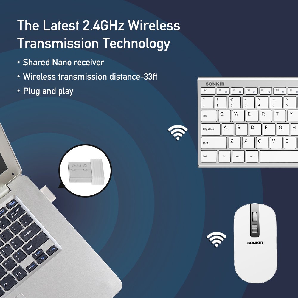 Wireless Keyboard Mouse, Sonkir K-18 2.4GHz Rechargeable Full Size Keyboard and Mouse Combo for Windows, Laptop, PC, Notebook (Silver)