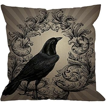 HGOD DESIGNS Crow Throw Pillow Case Vintage Crow Black Flower Cotton Linen Square Cushion Cover Standard Pillowcase for Men Women Home Decorative Sofa Armchair Bedroom Livingroom 18 x 18 inch