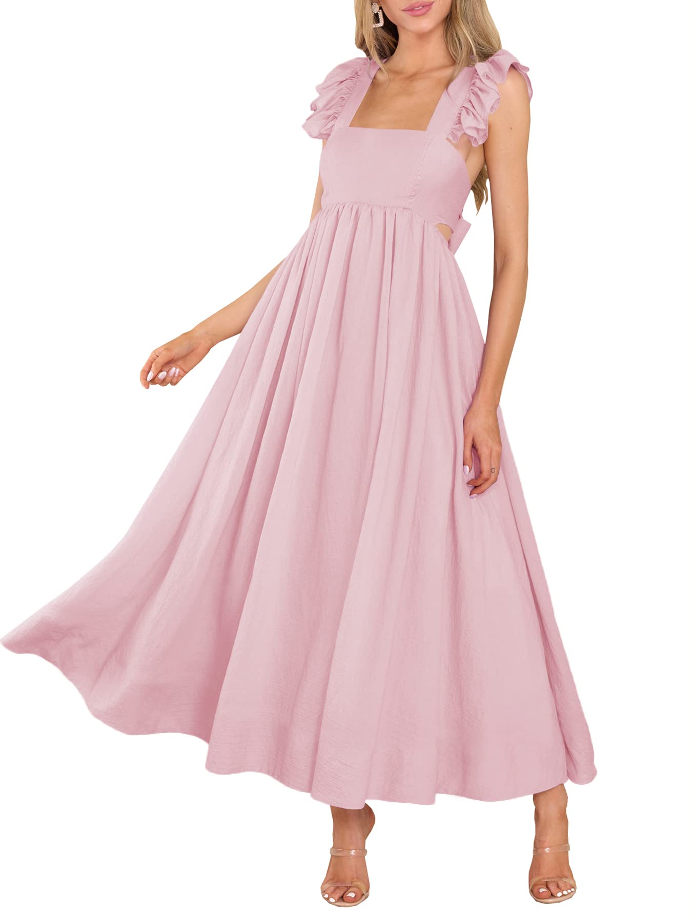 Solene Striped Flowy Maxi Dress With Square Neck Backless Design And Pockets Lightweight Summer
