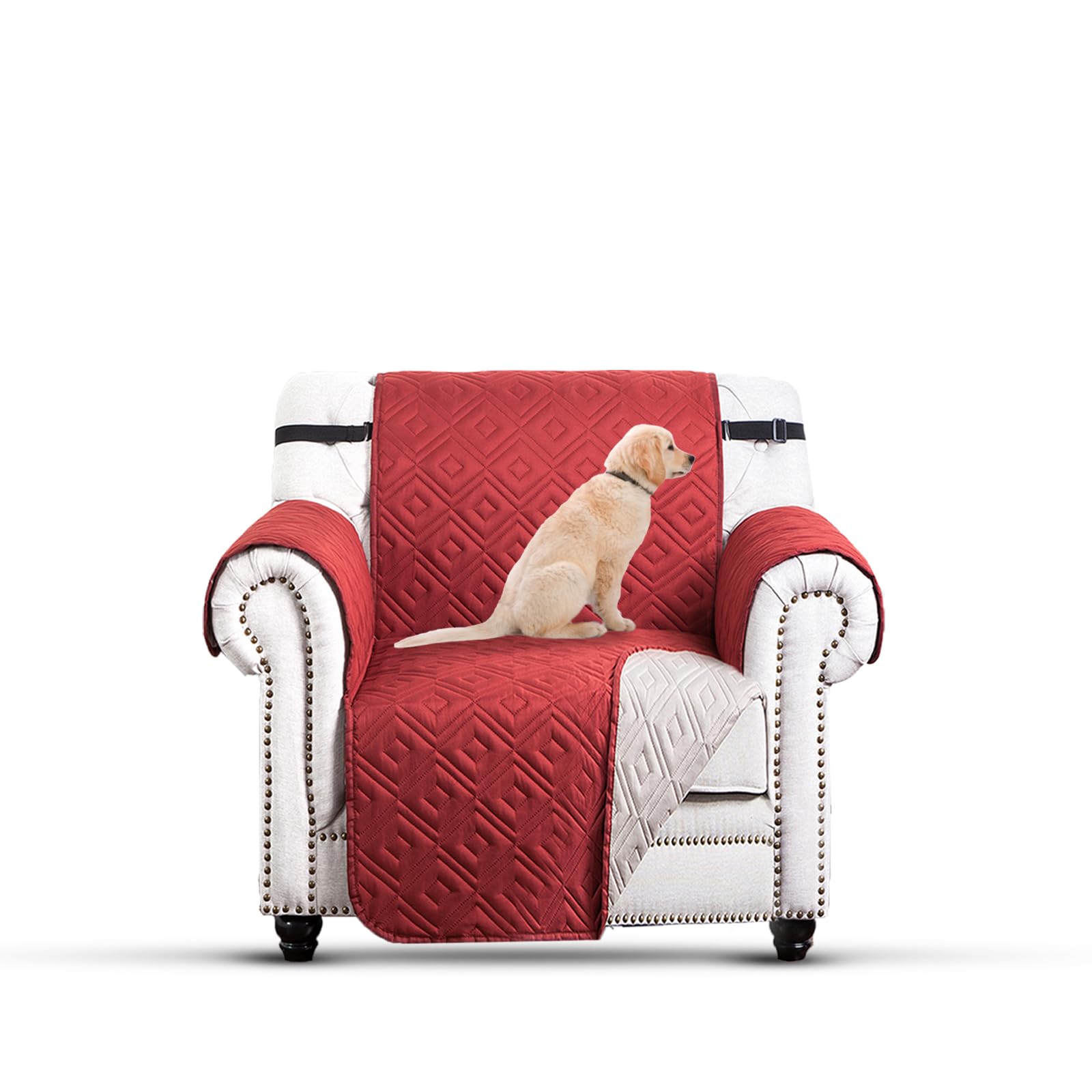 Moonlight Bedding Reversible Chair Covers Water Resistant Sofa Cover for Living Room 1 Seater Sofa Slipcover Thick Quilted Sofa Protectors from Pets KIds with Elastic Strap (Chair, Burgundy/Beige)