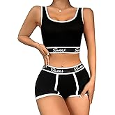 SweatyRocks Women's Letter Print 2 Piece Scoop Neck Bra and Mid Rise Boyshort Lingerie Set Underwear