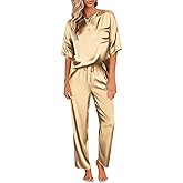 Ekouaer Womens Satin Silky Pajama Set Short Sleeve Shirt with Long Pajama Pant Set Soft PJ Loungewear