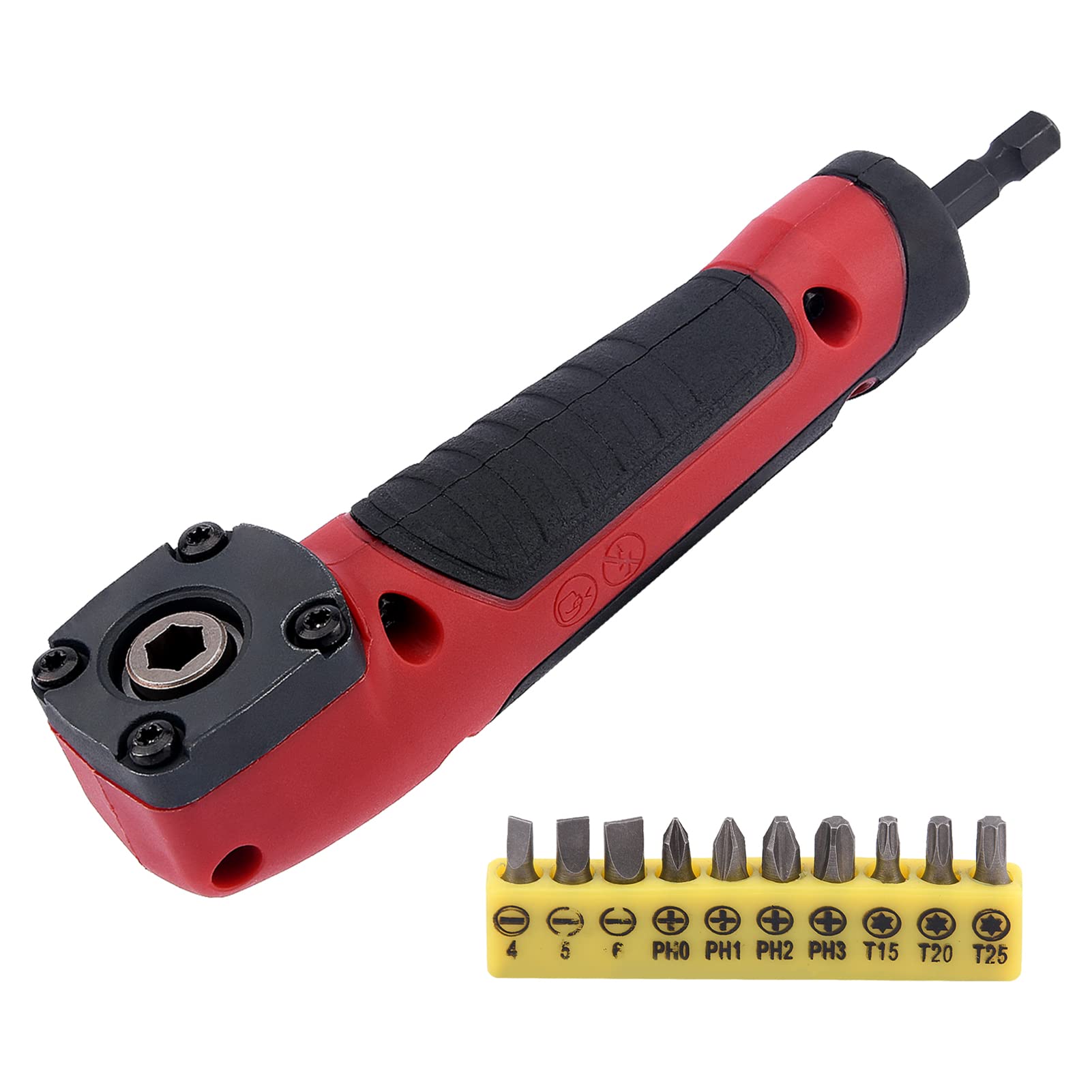 Right Angle Drive Attachment with 10PCS Drill Bits, 1/4 Inch 90° Degree Right Angle Drill Adapter, Right Angle Attachment Extension Drill Attachment for Impact Driver(Red)