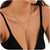 Lariat Gold Necklace for Women Y-Shaped Pendant Chain Necklace Dainty Long Necklace 14k Gold Plated/Silver Layered Pearl Beaded Chain Drop Necklaces Elegant Gift for Anniversary Simple Gold Jewelry for Women Gifts