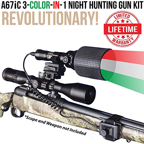 Wicked Lights A67iC 3-Color-in-1 (Green, Red, White LED) Night Hunting Gun Light Kit with Intensity Control for Coyote, Predator, Varmint & Hogs