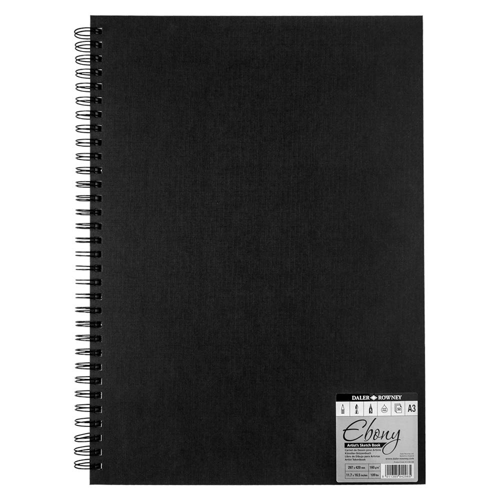 Daler-Rowney Ebony Sketchbook, Smooth Surface, 160 gsm, 109lb, Spiral Bound, Hardback, Portrait, A3 29.7 x 42 cm, Natural White, 54 Sheets