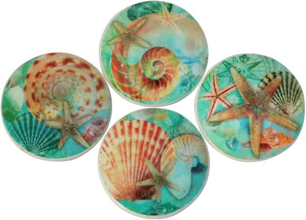 Set Of 4 Nautilus Seashell Oversized Wood Cabinet Knobs Blue