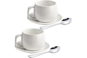 ionEgg Porcelain Coffee Cup with Saucers and Spoons 270ml/9oz for Latte, Cappuccino and Tea, White, Set of 2