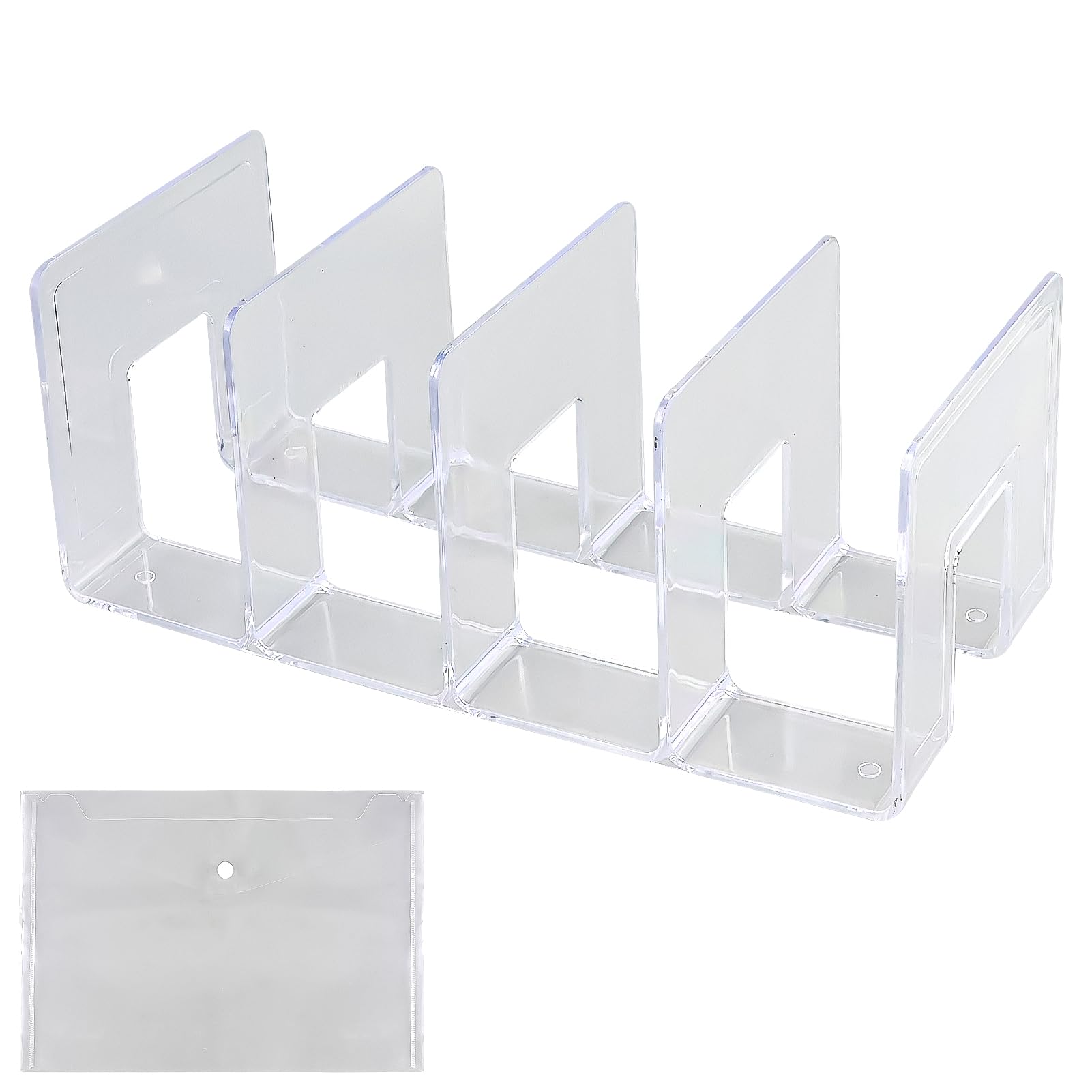 RESTALLADNWEST 1 Pack 4 Slots Magazine File Holder with 1 Pcs Plastic Wallets A4, Desktop File Sorter Organizer Rack Bookshelf Lever Arch Filing Rack Clear Kitchen Wrap Organiser Rack