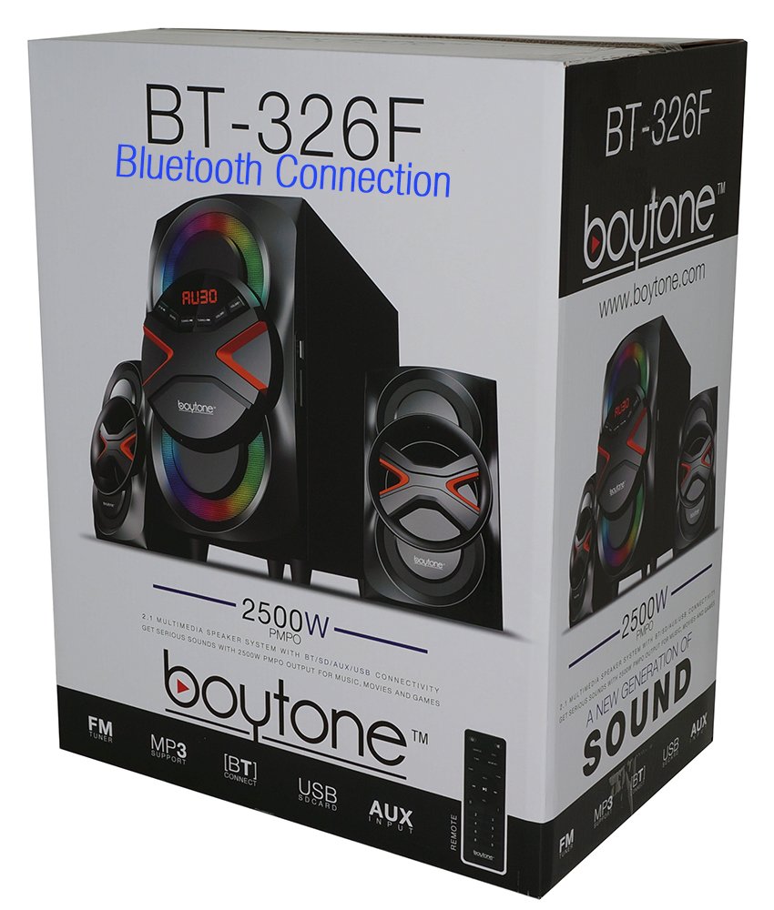 Boytone BT-326F, 2.1 Bluetooth Powerful Home Theater Speaker System, with FM Radio, SD USB Ports, Digital Playback, 40 Watts, Disco Lights, Full Function Remote Control, for Smartphone, Tablet., Black