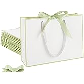 STOBOCTER 12 Pcs Thank You Gift Bags with Handles 12.6x4x9.1'' Elegant Paper Gift Bags with Bow Ribbon Gift Wrap Bags for Wedding Bridal Shower Father's Day Housewarming Birthday(White, Sage Green)