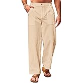 Runcati Mens Casual Cotton Pants Loose Fit Lightweight Elastic Waist Pants Baggy Wide Leg Summer Beach Yoga Linen Trousers