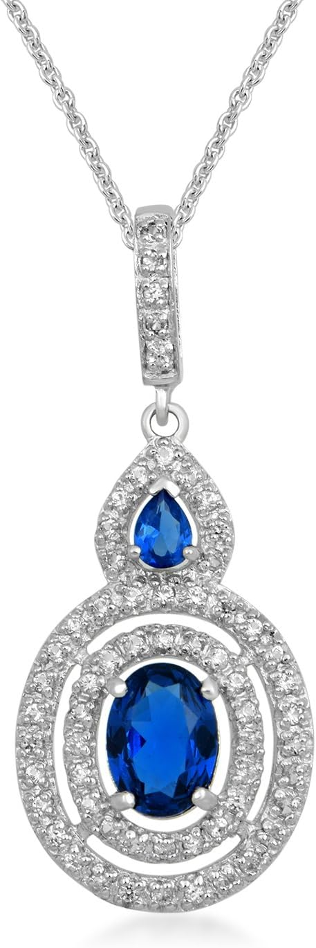 Sterling Silver 6x8mm Oval Created Ceylon Sapphire, 3x4mm Pear Created Ceylon Sapphire and Round Created White Sapphire Halo Pendant Necklace, 18" Rolo Chain