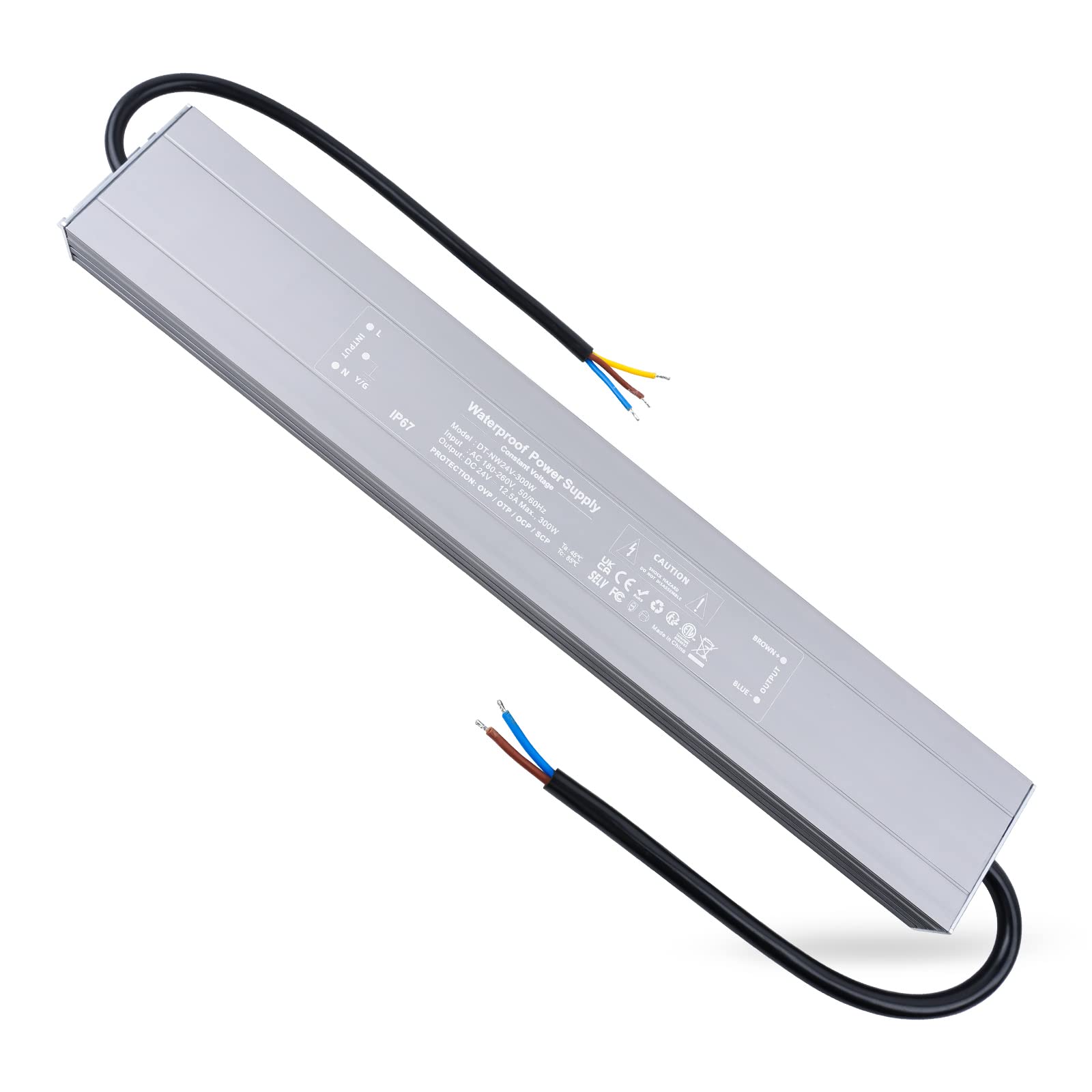 REYLAX LED Driver 24V 300W, IP67 Waterproof Outdoor Lighting Transformer, 12.5A Constant Voltage Power Supply, 100-260V AC to 24V DC Transformer for Garden LED Strip Lights and Shed Light