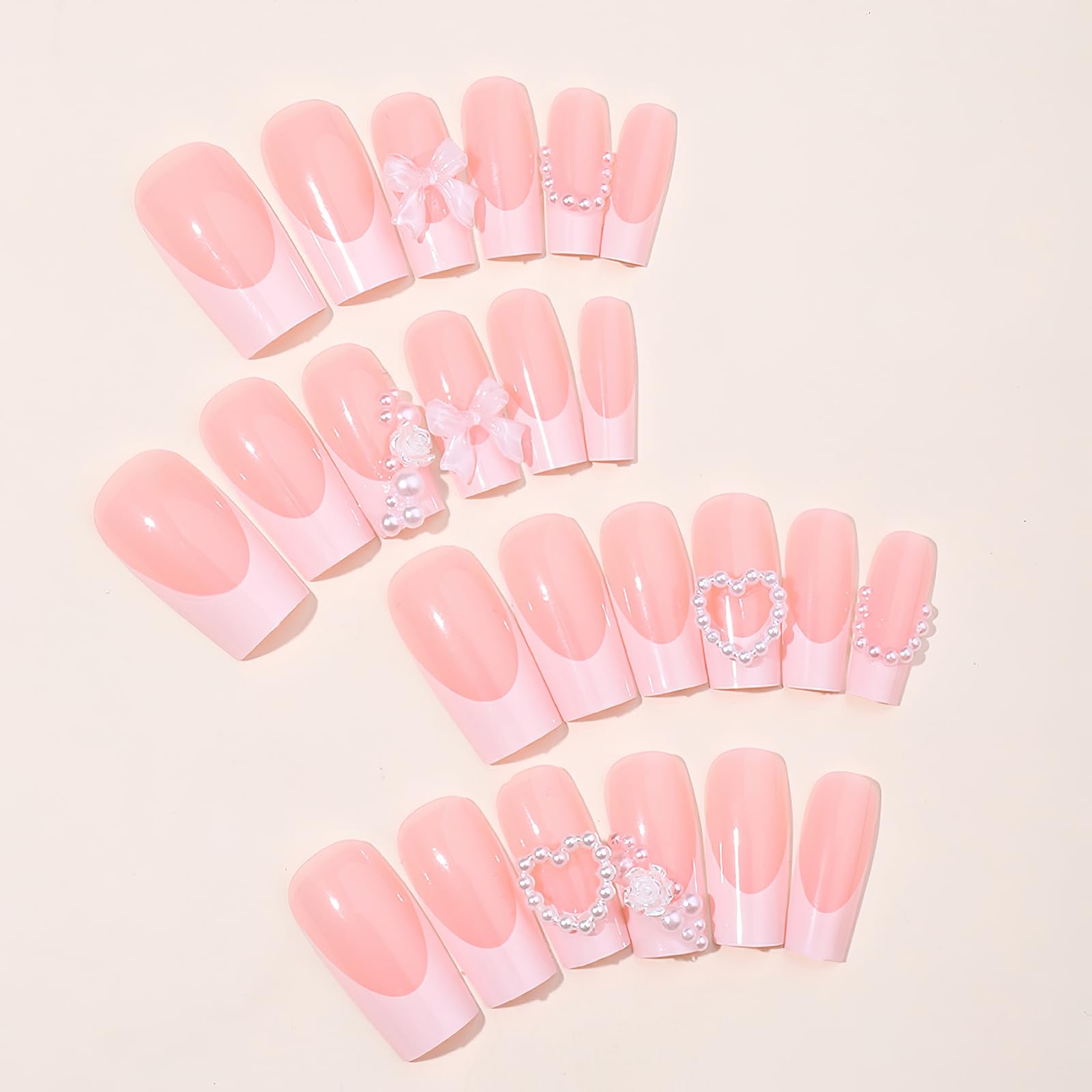 ROFIBUT French Tip Press on Nails Medium Square Fake Nails Glossy Full Cover Gel Glue on Nails with Pearls Design Luxury 3D Bow Rose Charms Coffin False Nails for Women Manicure Nail Decor 24Pcs - Image 4