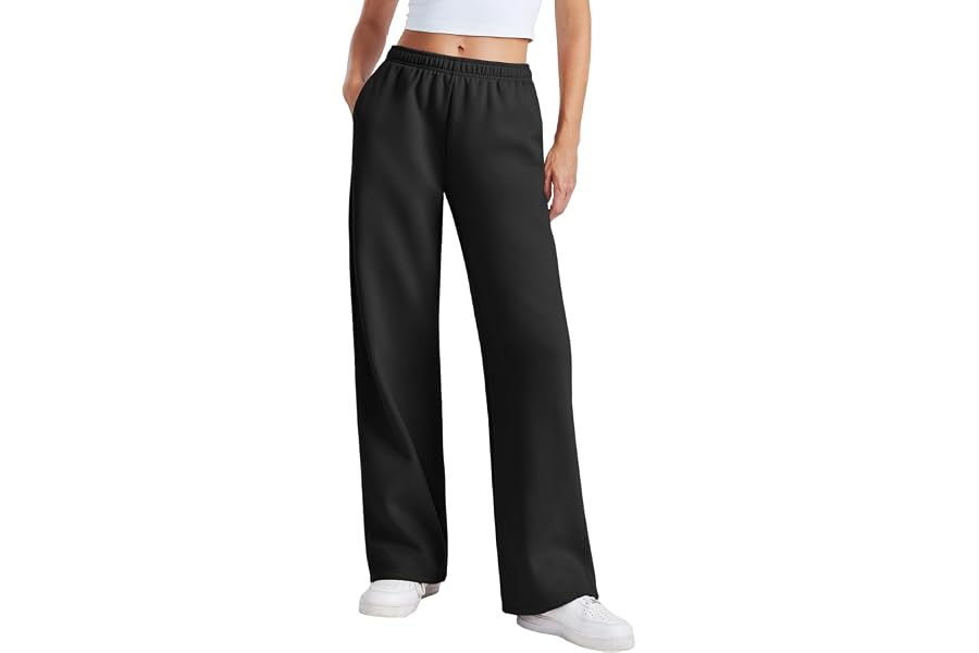 PINSPARK Women's Fleece Lined Wide Leg Sweatpants Petite/Regular | Mid Rise, Interior Drawstring, Lounge Baggy Sweat Pants, W