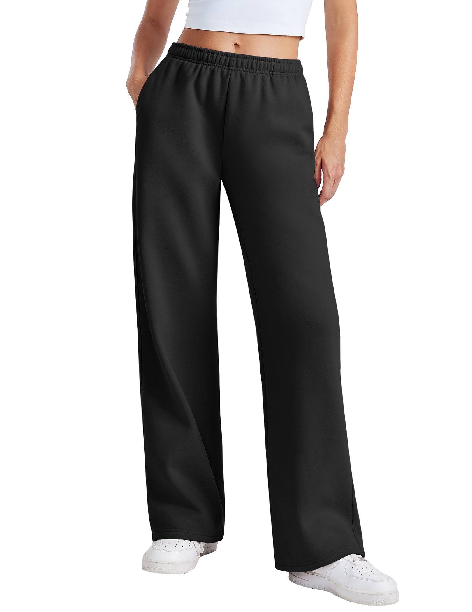 PINSPARK Women's Fleece Lined Wide Leg Sweatpants Petite/Regular | Mid Rise, Interior Drawstring, Lounge Baggy Sweat Pants, W