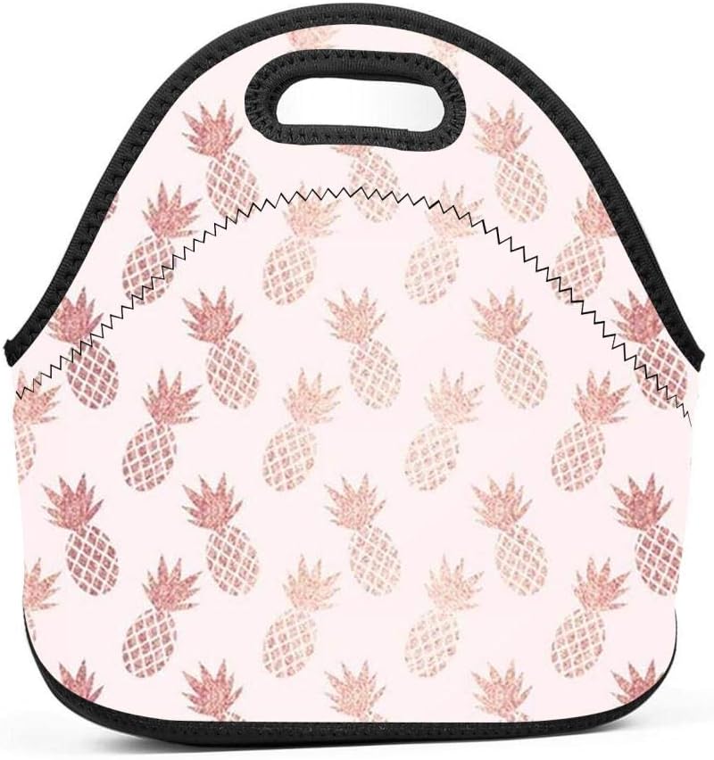 WWINL Rose Gold Pineapple Pattern Lunch Bag Insulated Reusable Neoprene Lunch Box Waterproof Tote Bento Bag With Zippe Handbag For Men, Women, Adults, Kids, Girls, Boys