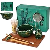 CyaLivoo Matcha Whisk Set, 8 Pcs Gold Plum Blossom Matcha Kit for Japanese Tea Ceremony, Ceramic Bowl with Spout, Bamboo Whisk, Spoon, Scoop, Sifter, Towel, Gift for Beginners and Matcha Lovers(Green)