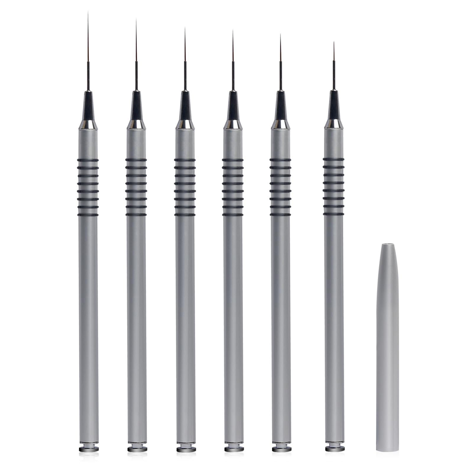 6Pcs Nail Art Brushes Set Nail Striper Brushes, Fine Line Nail Art Brush for Long Lines Tiny Details Fine Drawing Delicate Coloring, Silver Metal Handle Nail Liner Brushes Sizes 5/7/9/11/20/25mm