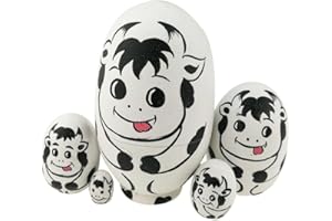Winterworm Cute Egg Shape Animal Theme Handmade Wooden Russian Nesting Dolls Matryoshka Dolls Set 5 Pieces for Kids Toy Birthday Christmas Easter Gift Home Decoration-Dairy Cow