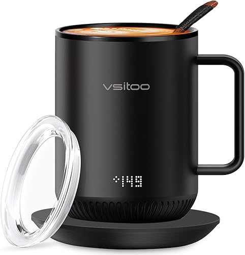 VSITOO S3 Temperature Control Smart Mug with Lid, Coffee Mug Warmer with Mug  for Desk Home Office, App Controlled Heated Coffee Cup, Self Heating Coffee  Mug 11 oz, Electric Mug-Black Inner Wall