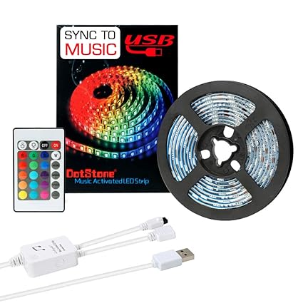 Music LED Strip Lights 6.6FT/2M 5V USB Powered Light Strip 5050 RGB Light Color Changing with Music IP65 Waterproof LED String Lights Kit with IR Controller by DotStone
