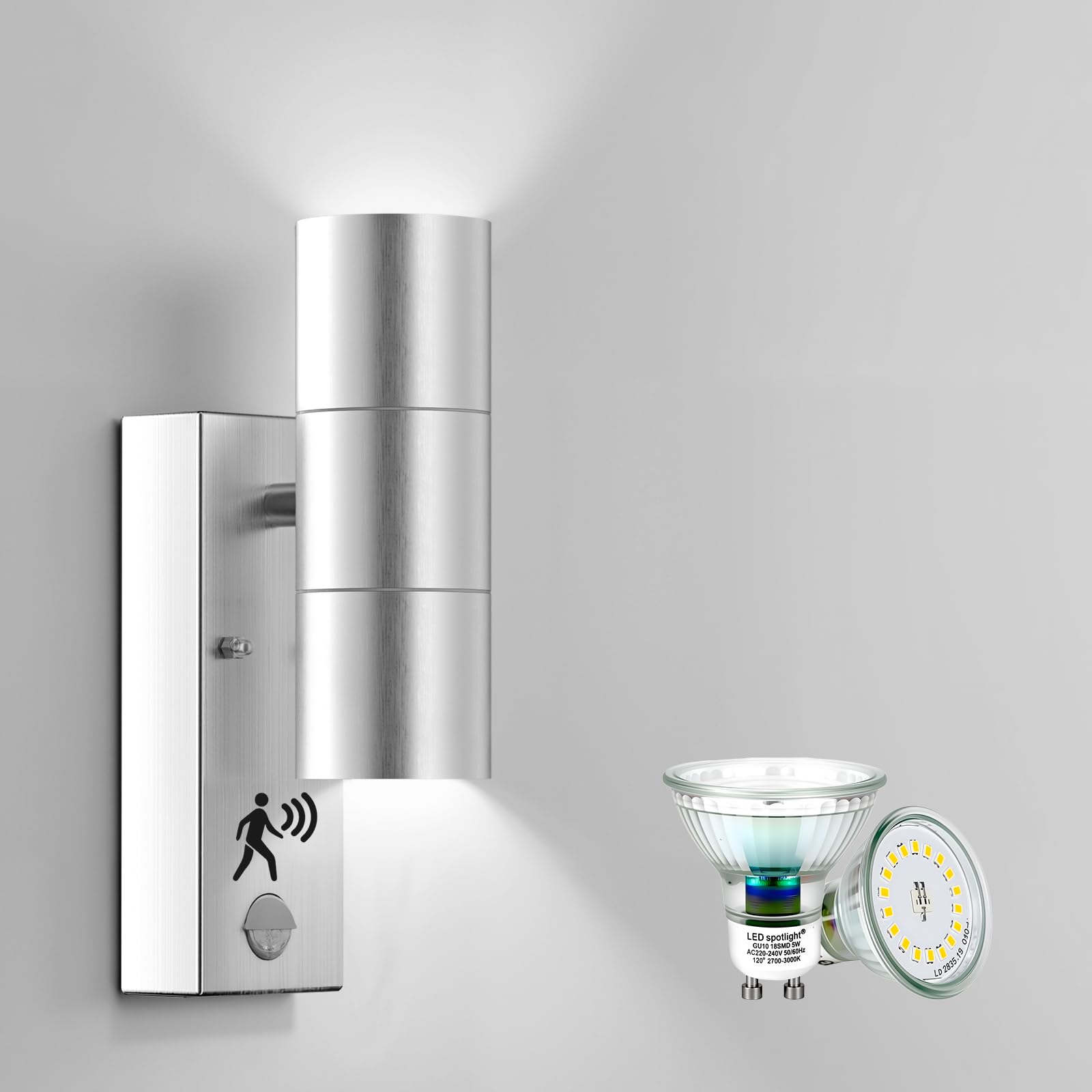 Allesgute Outdoor Wall Lights PIR Motion Sensor IP44 Up and Down Outside Wall Lights Mains Powered 240V Stainless Steel with 2X 5W GU10 Bulbs Cool White