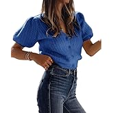 Bianstore Women's Puff Short Sleeve Sweater Casual V Neck Cardigan Tops Ribbed Knit Button Down Shirts