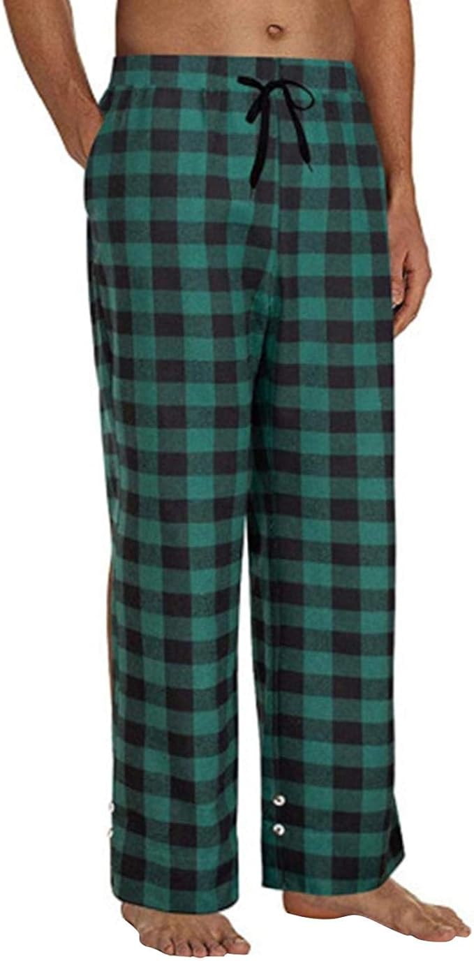 Mens Pajama Bottoms Sleepwear Soft Plaid Lounge Wear Pants Cotton Green