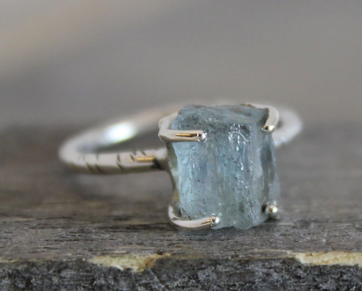 Raw Aquamarine Gemstone Sterling Silver Ring Size L 1/2 (US Size 6)