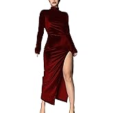 SEMATOMALA Women's Long Sleeve Side Ruched High Slit Maxi Dress Mock Neck Velvet Bodycon Party Club Thigh Split Long Dress