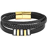 Forziani Men's Black Leather Multilayer Wrap Bracelet - Premium Woven Braided Leather Wristband for Men - Gold Stainless Steel Clasp - Gift Box Packaging Included - Best Mens Gift