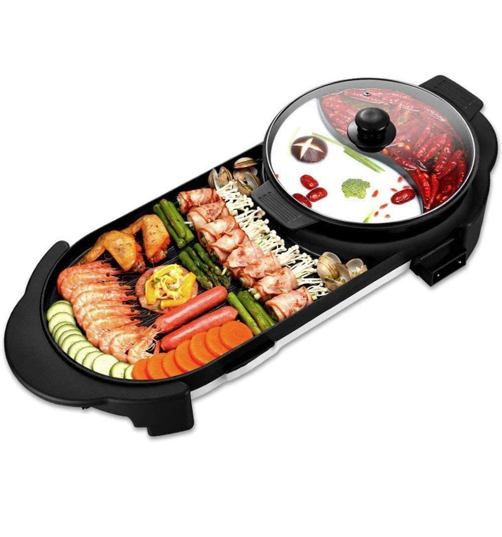 2 in 1 Electric Bbq Hot Pot Grill Electric Barbecue Pan Grill and Hot Pot for Indoor Outdoor Parties