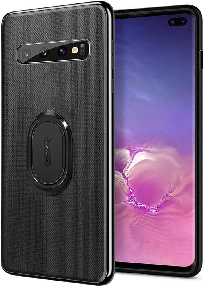 WATACHE Galaxy S10 Case, Ultra-Slim Premium PU Leather Shock-Absorbing TPU Frame Case with Finger Ring Grip Holder Stand [Work with Magnetic Car Mount] for Galaxy S10 6.1",Black